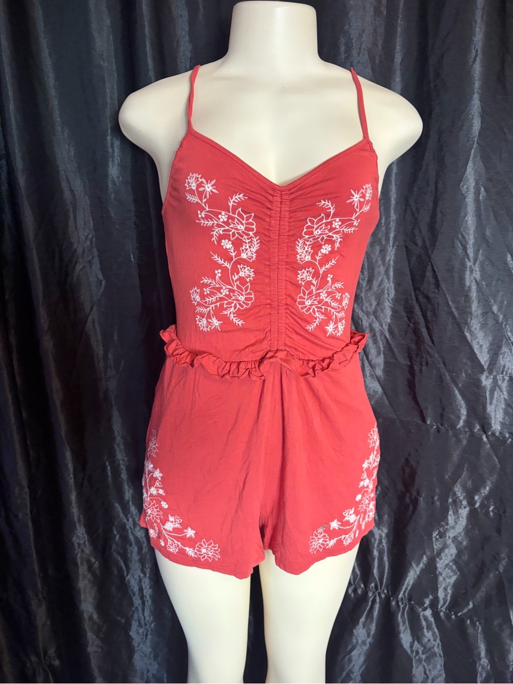 American Eagle Outfitters Red Embroidered Spaghetti-Strap Romper